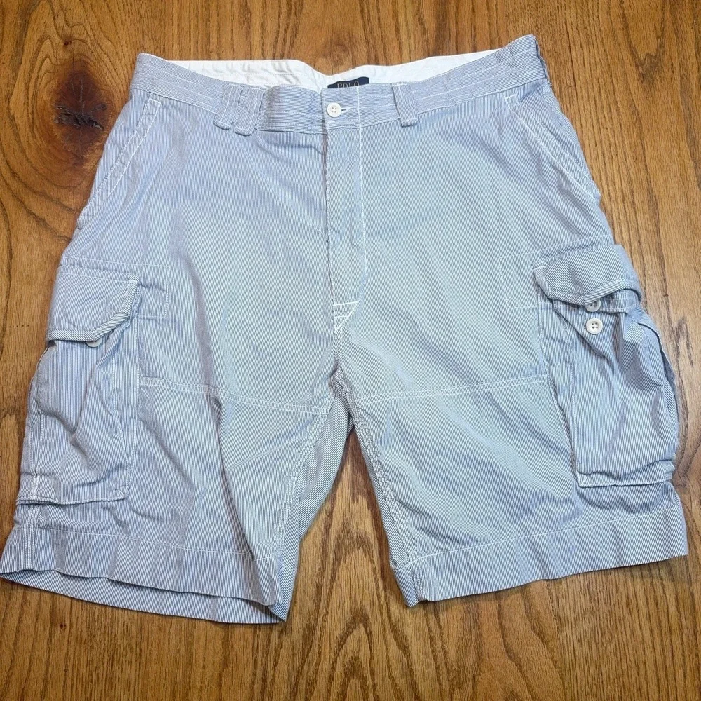 Polo Ralph Lauren Cargo Shorts Mens 40 Tall (Tag 42) Blue Seersucker Y2K FLAW
